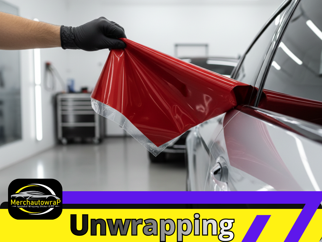 Proses unwrapping (pelepasan) stiker mobil. Jasa Lepas Wrapping Mobil profesional oleh Merchautowrap.