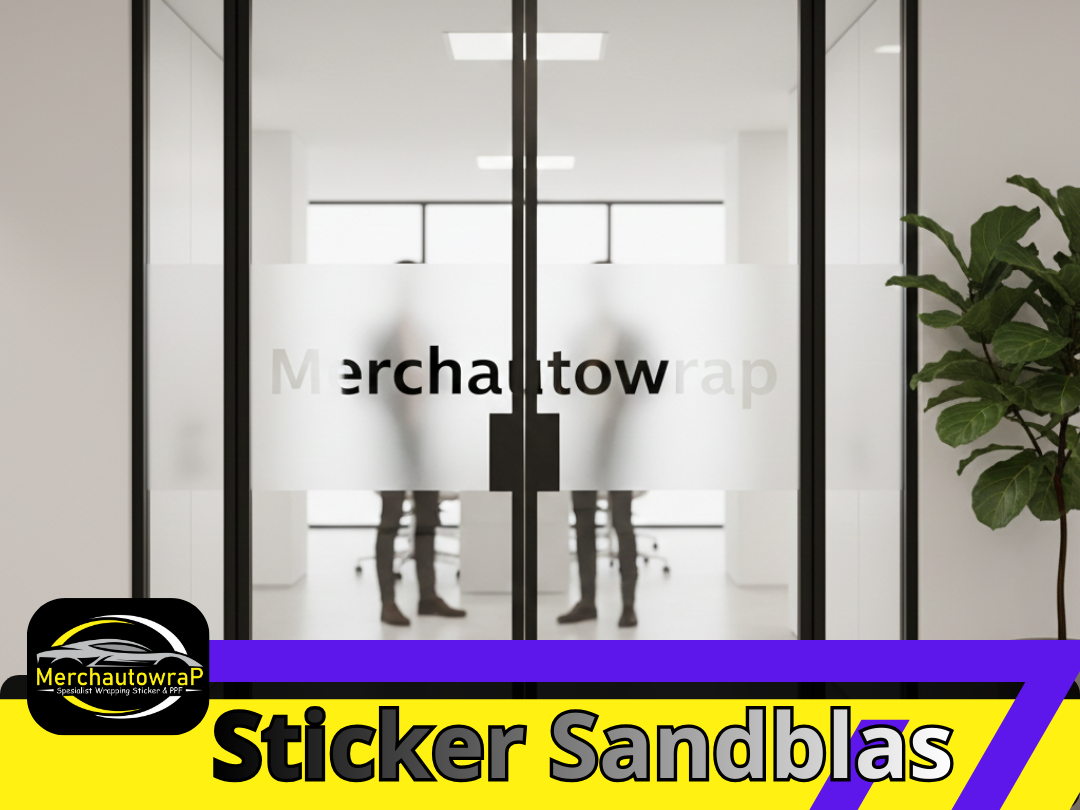 Sticker Sandblast motif minimalis untuk partisi kaca kantor. Layanan Jasa Pasang Sandblast Kaca Merchautowrap.