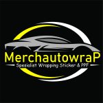 Logo bisnis wrapping sticker mobil dengan ikon siluet kendaraan sport dan desain modern minimalis.