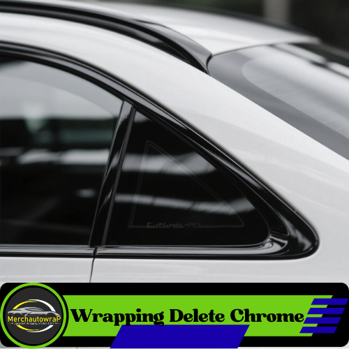 Proses delete chrome pada trim jendela dan grill mobil menggunakan wrapping sticker hitam glossy untuk menciptakan tampilan de-chromed yang sporty di workshop Merchautowrap.